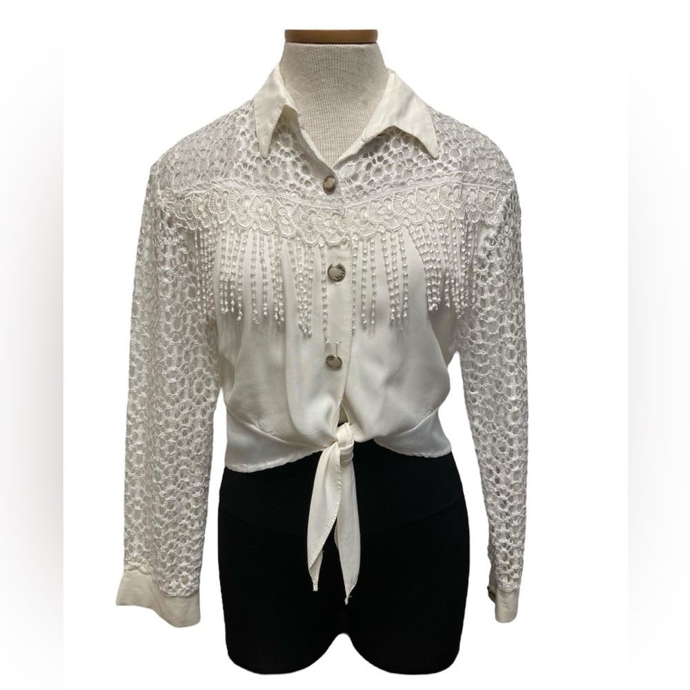 Vintage Western Fringed Crop Top, Lace, White, Women’s, Rodeo, Festival, Small